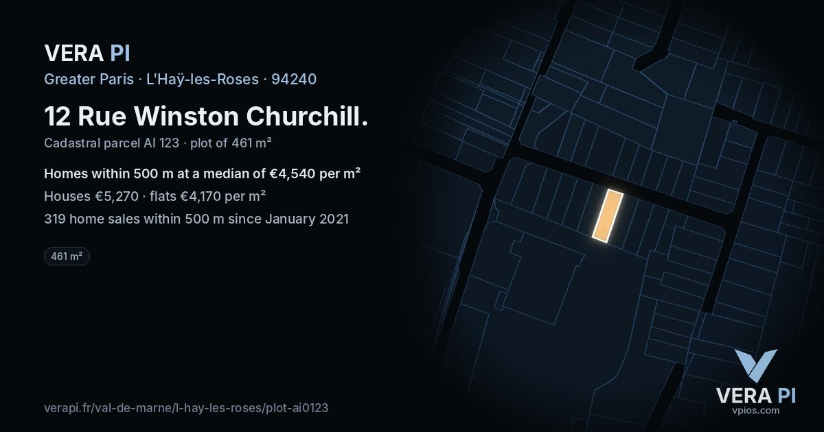 12 Rue Winston Churchill, L'Haÿ-les-Roses at night – the plot lit, the parcels around coloured by the prices near them