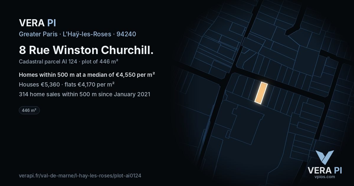 8 Rue Winston Churchill, L'Haÿ-les-Roses at night – the plot lit, the parcels around coloured by the prices near them