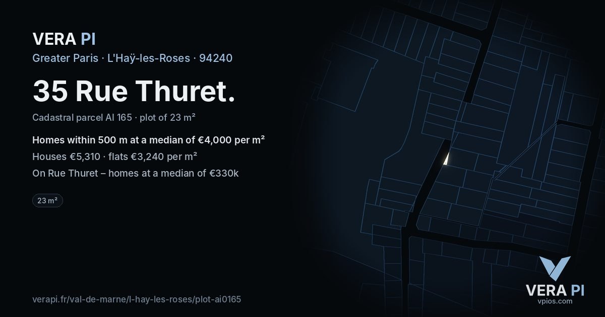 35 Rue Thuret, L'Haÿ-les-Roses at night – the plot lit, the parcels around coloured by the prices near them