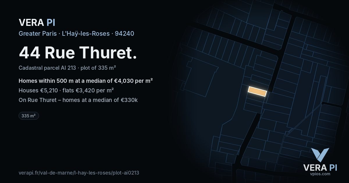 44 Rue Thuret, L'Haÿ-les-Roses at night – the plot lit, the parcels around coloured by the prices near them