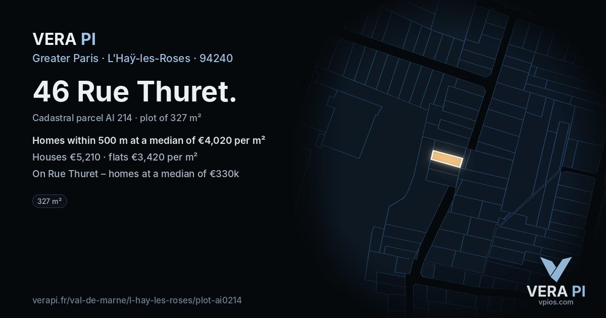 46 Rue Thuret, L'Haÿ-les-Roses at night – the plot lit, the parcels around coloured by the prices near them