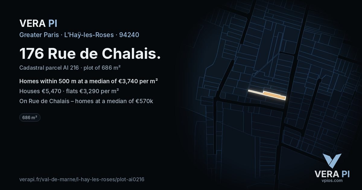 176 Rue de Chalais, L'Haÿ-les-Roses at night – the plot lit, the parcels around coloured by the prices near them