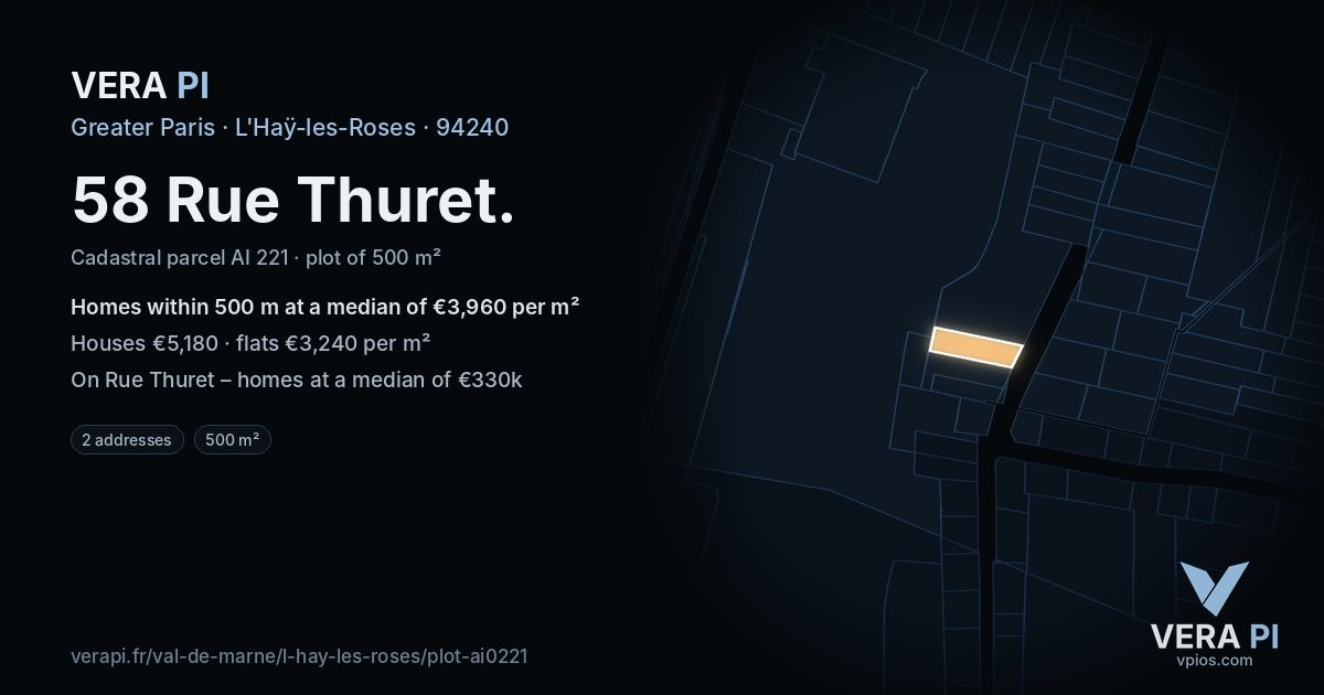 58 Rue Thuret, L'Haÿ-les-Roses at night – the plot lit, the parcels around coloured by the prices near them