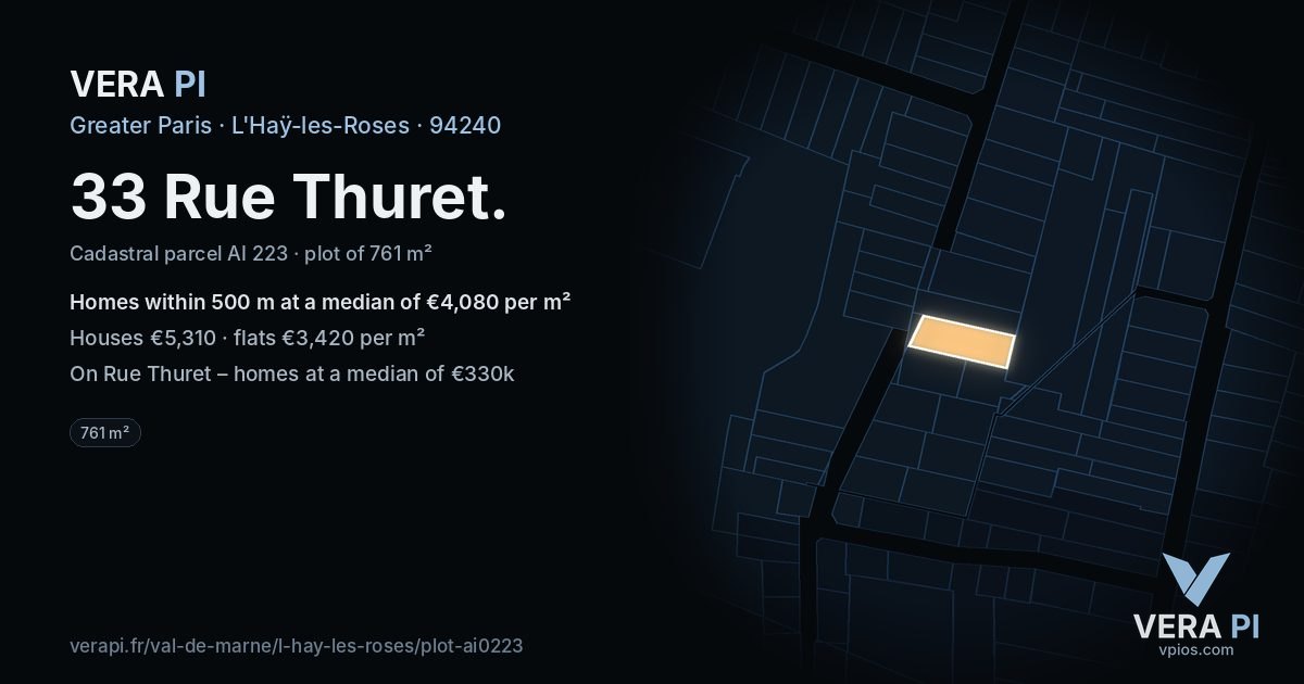 33 Rue Thuret, L'Haÿ-les-Roses at night – the plot lit, the parcels around coloured by the prices near them