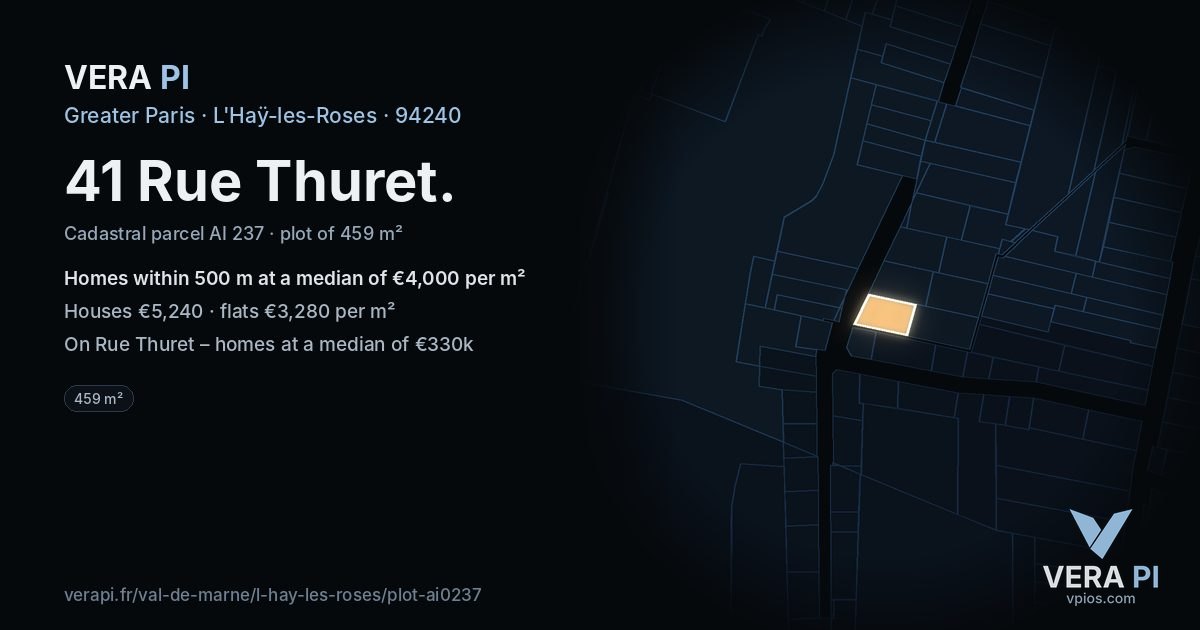 41 Rue Thuret, L'Haÿ-les-Roses at night – the plot lit, the parcels around coloured by the prices near them