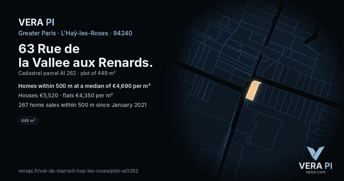 63 Rue de la Vallee aux Renards, L'Haÿ-les-Roses at night – the plot lit, the parcels around coloured by the prices near them