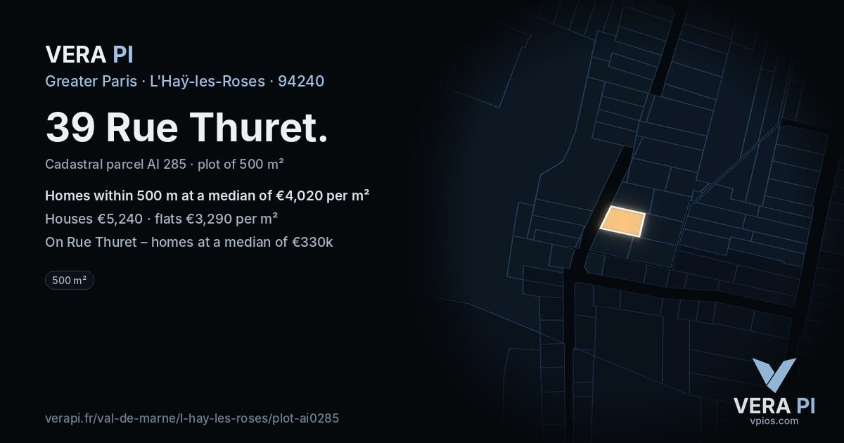 39 Rue Thuret, L'Haÿ-les-Roses at night – the plot lit, the parcels around coloured by the prices near them