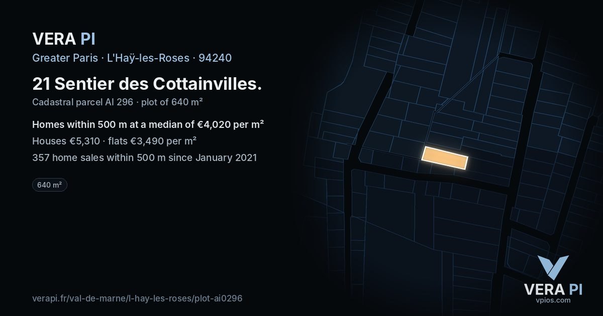 21 Sentier des Cottainvilles, L'Haÿ-les-Roses at night – the plot lit, the parcels around coloured by the prices near them