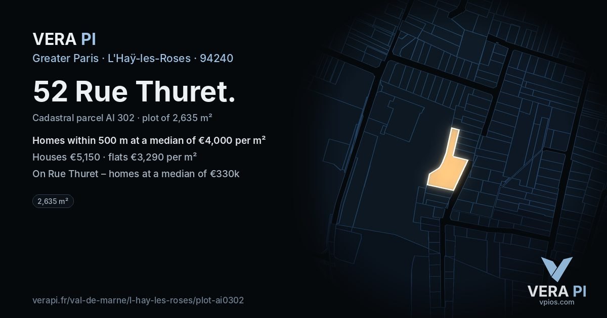 52 Rue Thuret, L'Haÿ-les-Roses at night – the plot lit, the parcels around coloured by the prices near them