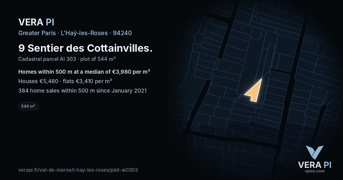 9 Sentier des Cottainvilles, L'Haÿ-les-Roses at night – the plot lit, the parcels around coloured by the prices near them