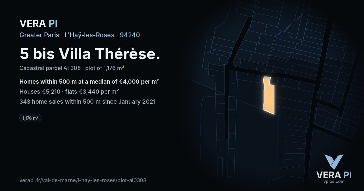 5 bis Villa Thérèse, L'Haÿ-les-Roses at night – the plot lit, the parcels around coloured by the prices near them