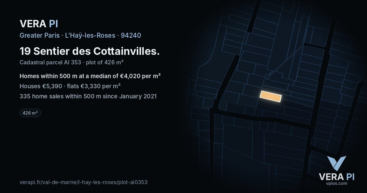 19 Sentier des Cottainvilles, L'Haÿ-les-Roses at night – the plot lit, the parcels around coloured by the prices near them