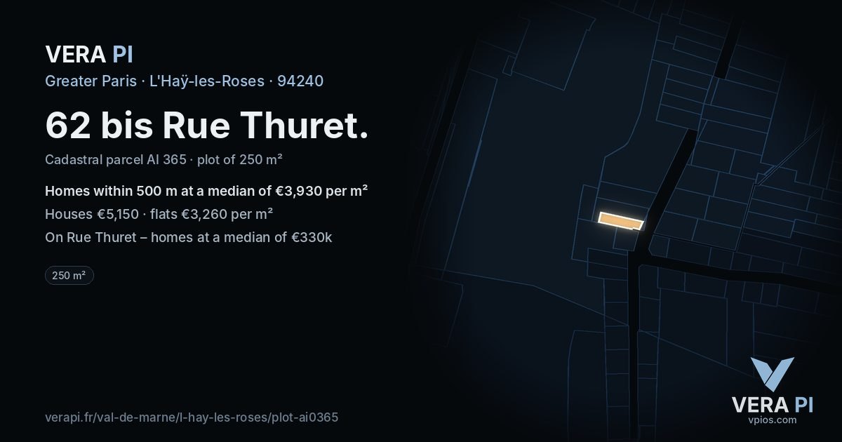 62 bis Rue Thuret, L'Haÿ-les-Roses at night – the plot lit, the parcels around coloured by the prices near them