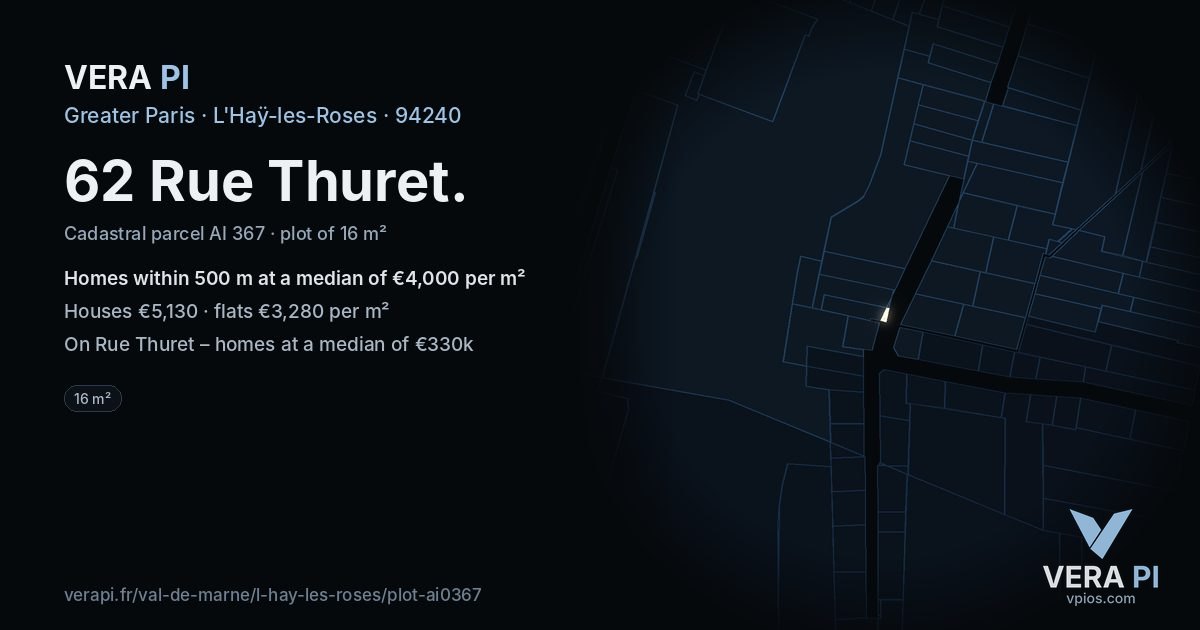 62 Rue Thuret, L'Haÿ-les-Roses at night – the plot lit, the parcels around coloured by the prices near them
