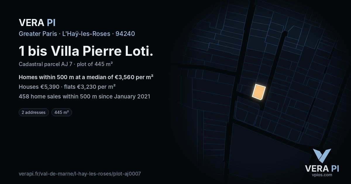 1 bis Villa Pierre Loti, L'Haÿ-les-Roses at night – the plot lit, the parcels around coloured by the prices near them