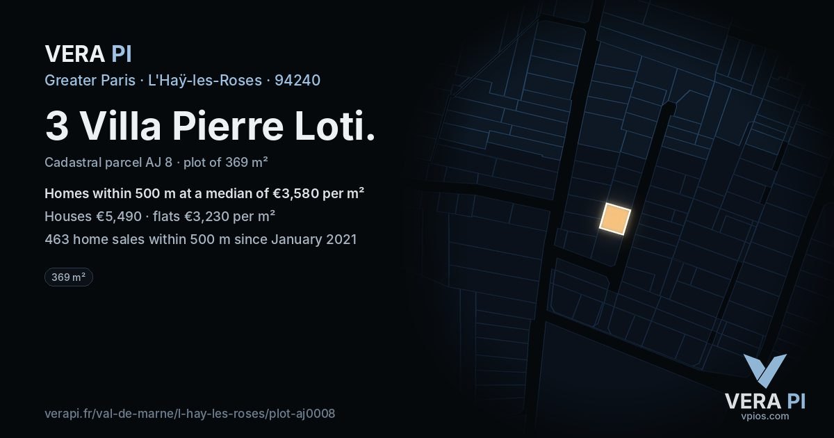 3 Villa Pierre Loti, L'Haÿ-les-Roses at night – the plot lit, the parcels around coloured by the prices near them