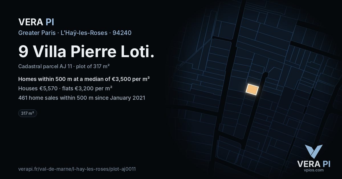 9 Villa Pierre Loti, L'Haÿ-les-Roses at night – the plot lit, the parcels around coloured by the prices near them