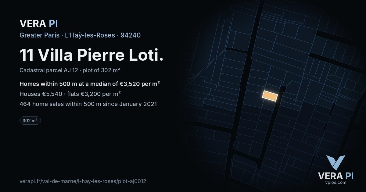 11 Villa Pierre Loti, L'Haÿ-les-Roses at night – the plot lit, the parcels around coloured by the prices near them