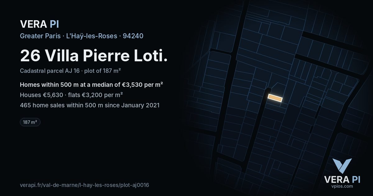 26 Villa Pierre Loti, L'Haÿ-les-Roses at night – the plot lit, the parcels around coloured by the prices near them