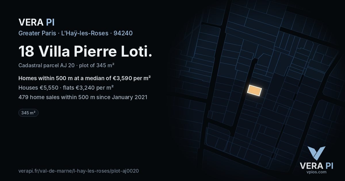 18 Villa Pierre Loti, L'Haÿ-les-Roses at night – the plot lit, the parcels around coloured by the prices near them
