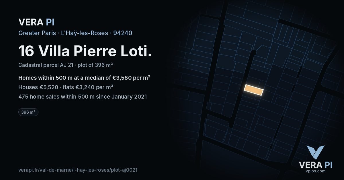 16 Villa Pierre Loti, L'Haÿ-les-Roses at night – the plot lit, the parcels around coloured by the prices near them