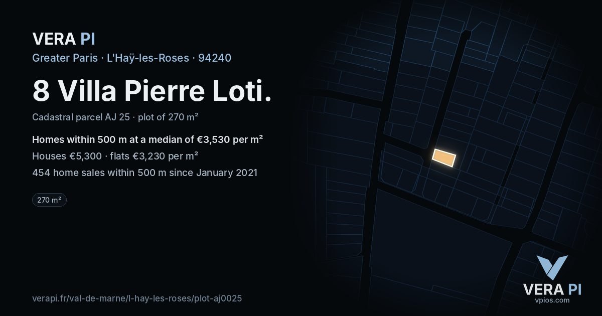 8 Villa Pierre Loti, L'Haÿ-les-Roses at night – the plot lit, the parcels around coloured by the prices near them