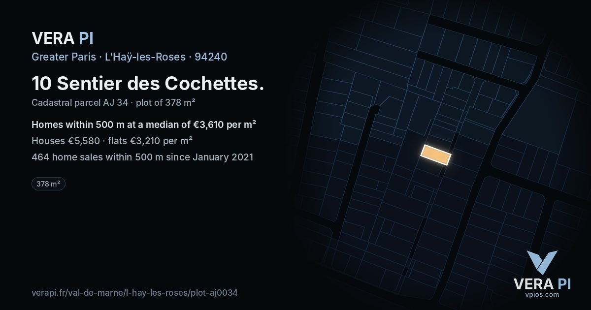 10 Sentier des Cochettes, L'Haÿ-les-Roses at night – the plot lit, the parcels around coloured by the prices near them