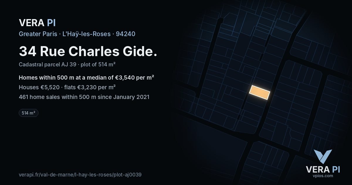 34 Rue Charles Gide, L'Haÿ-les-Roses at night – the plot lit, the parcels around coloured by the prices near them