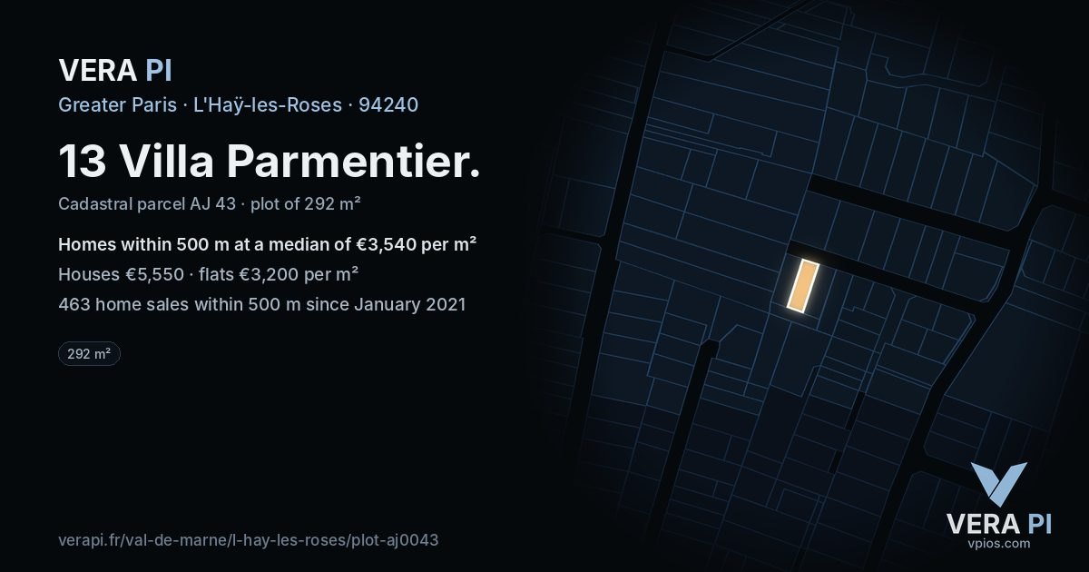 13 Villa Parmentier, L'Haÿ-les-Roses at night – the plot lit, the parcels around coloured by the prices near them