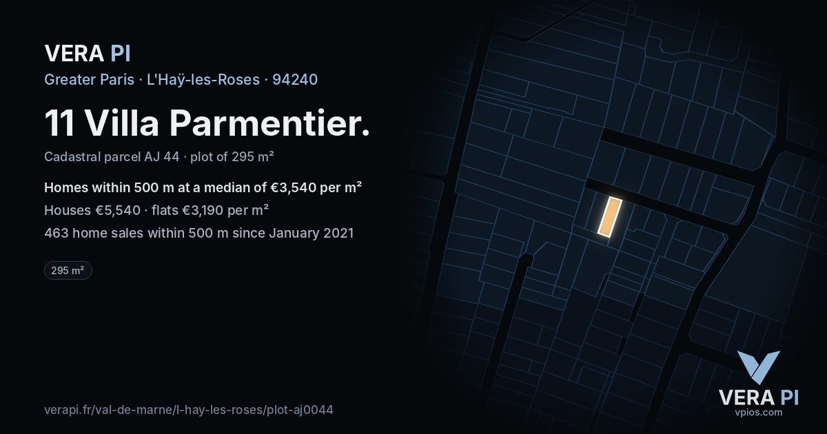 11 Villa Parmentier, L'Haÿ-les-Roses at night – the plot lit, the parcels around coloured by the prices near them