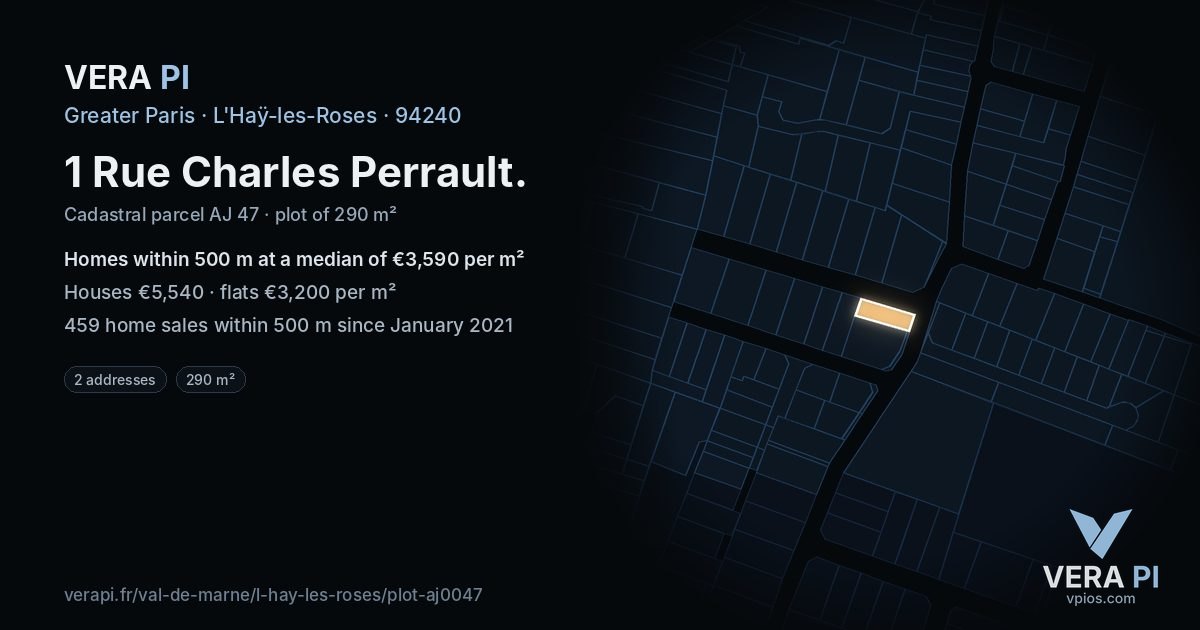 1 Rue Charles Perrault, L'Haÿ-les-Roses at night – the plot lit, the parcels around coloured by the prices near them