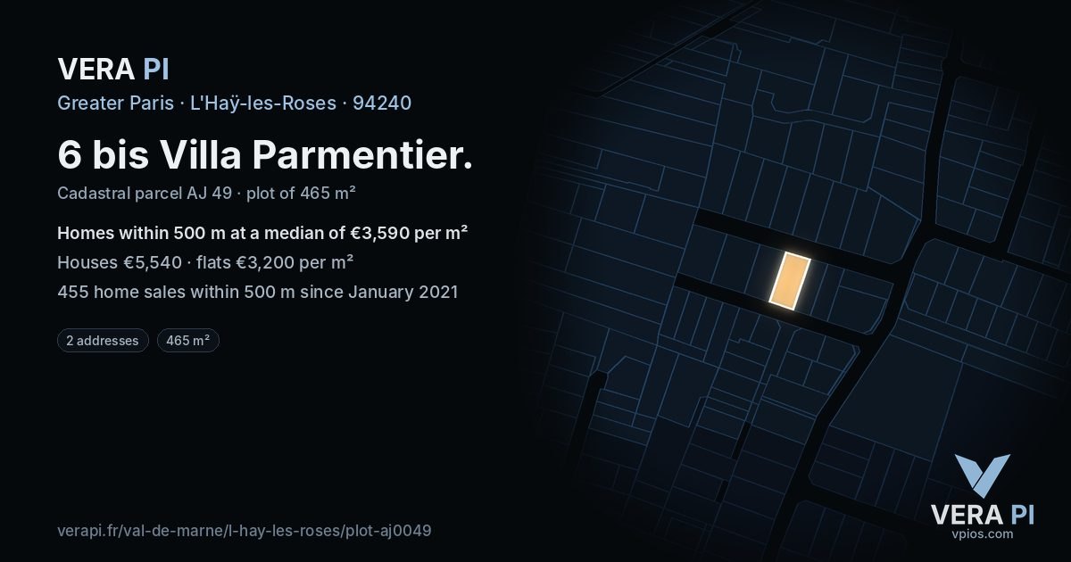 6 bis Villa Parmentier, L'Haÿ-les-Roses at night – the plot lit, the parcels around coloured by the prices near them
