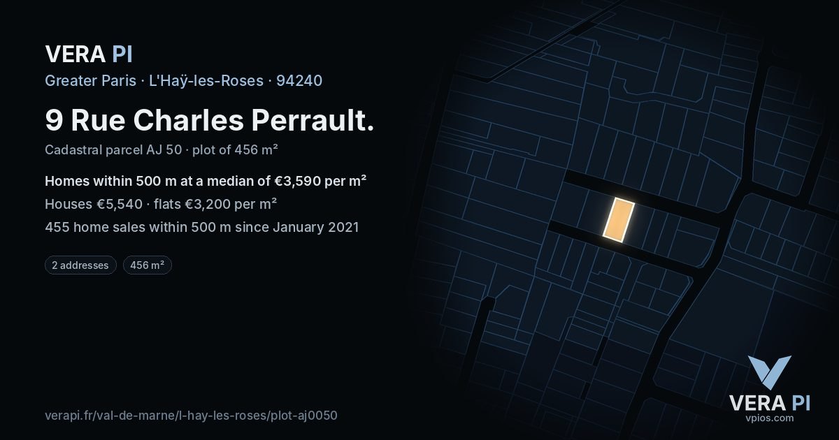 9 Rue Charles Perrault, L'Haÿ-les-Roses at night – the plot lit, the parcels around coloured by the prices near them