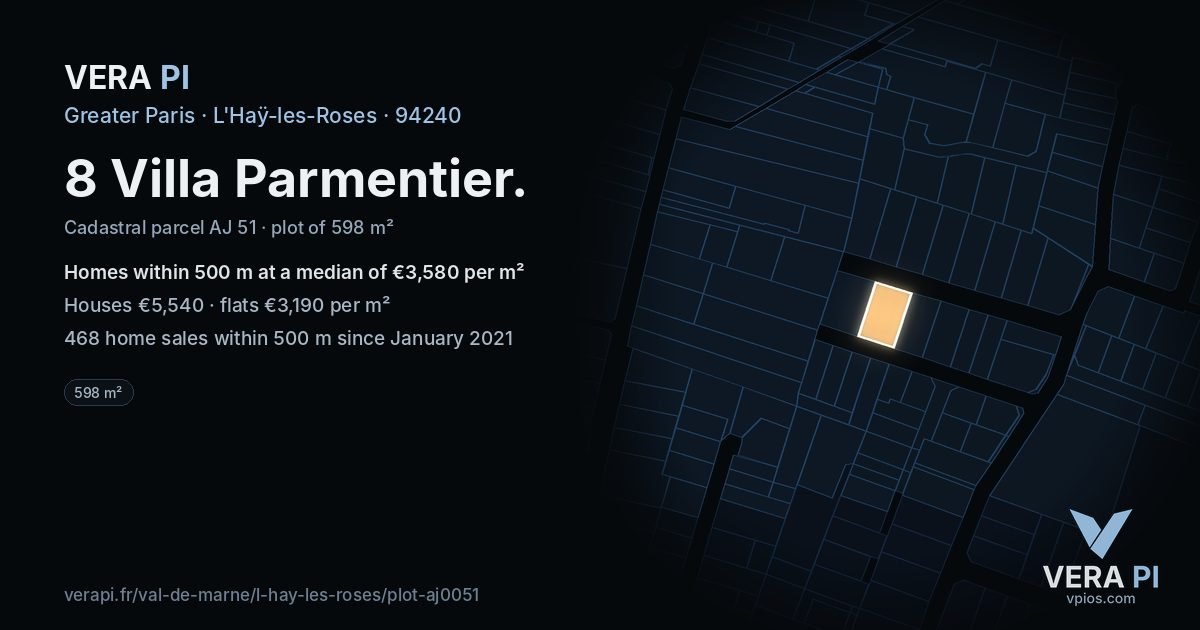 8 Villa Parmentier, L'Haÿ-les-Roses at night – the plot lit, the parcels around coloured by the prices near them