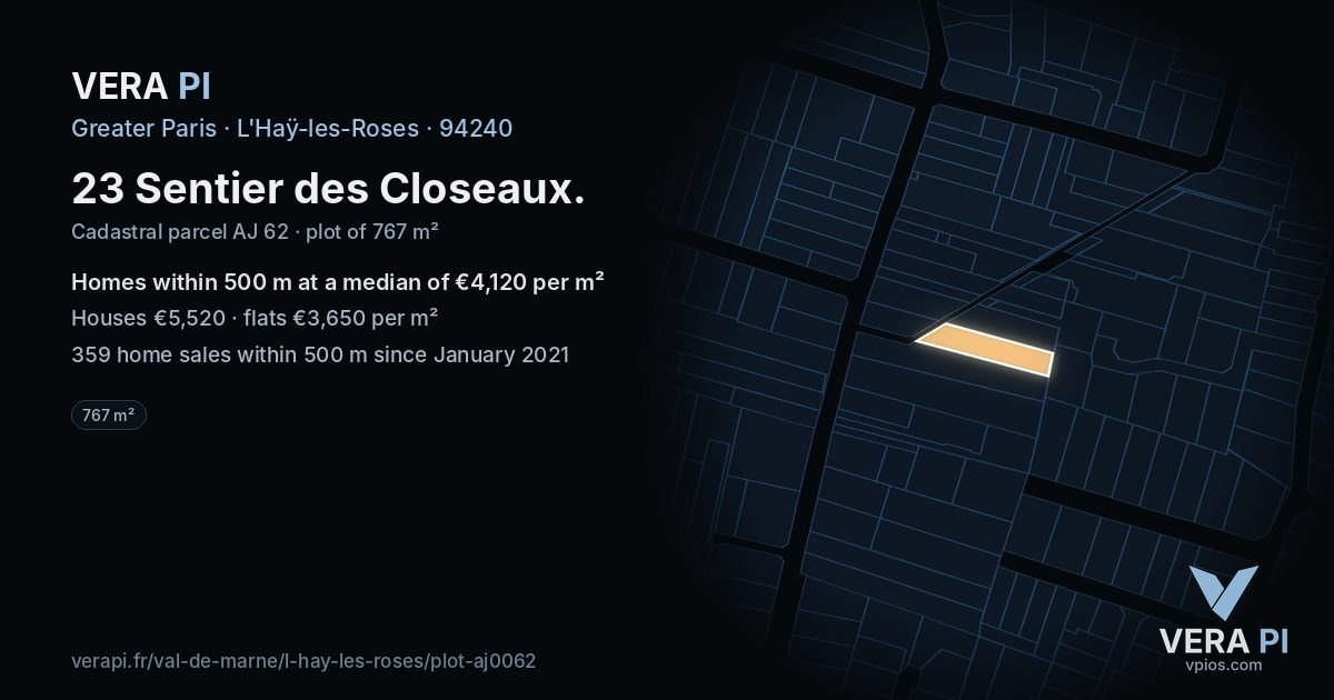 23 Sentier des Closeaux, L'Haÿ-les-Roses at night – the plot lit, the parcels around coloured by the prices near them