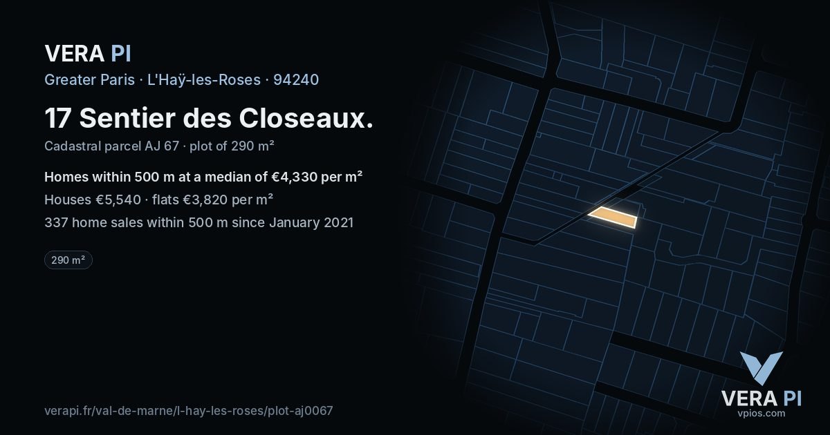 17 Sentier des Closeaux, L'Haÿ-les-Roses at night – the plot lit, the parcels around coloured by the prices near them