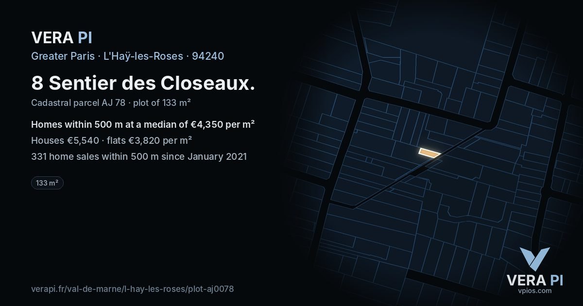 8 Sentier des Closeaux, L'Haÿ-les-Roses at night – the plot lit, the parcels around coloured by the prices near them