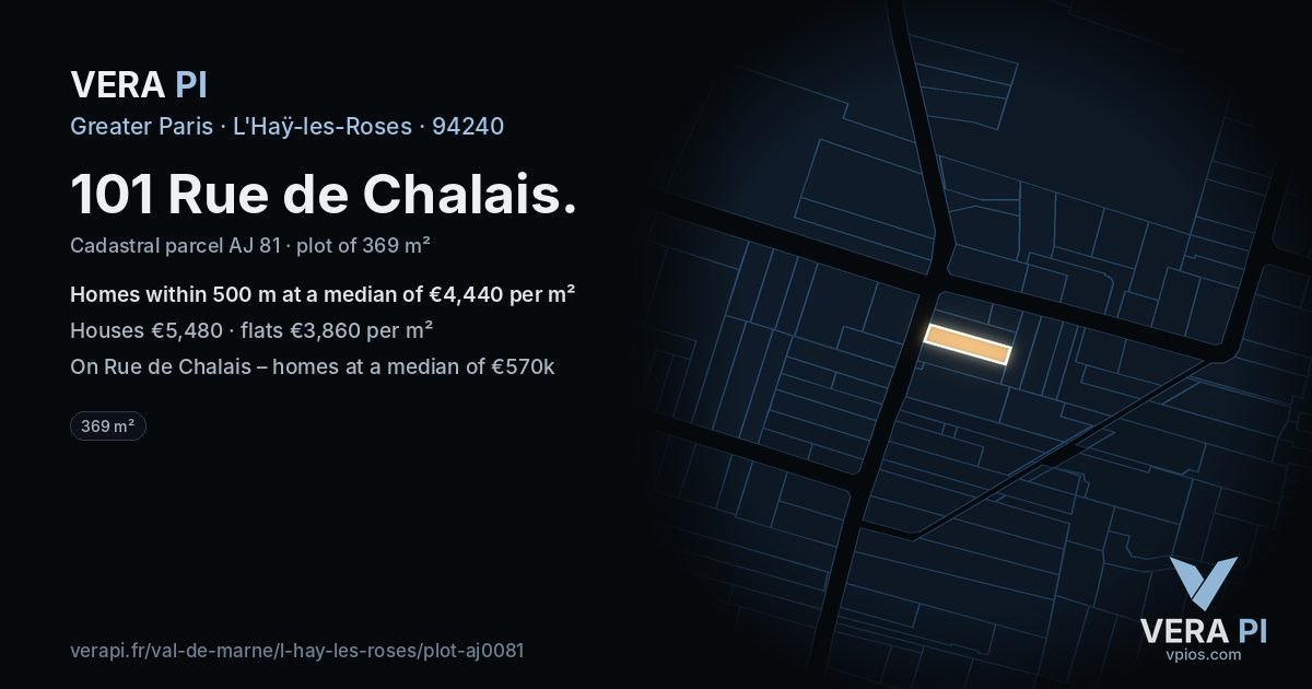 101 Rue de Chalais, L'Haÿ-les-Roses at night – the plot lit, the parcels around coloured by the prices near them