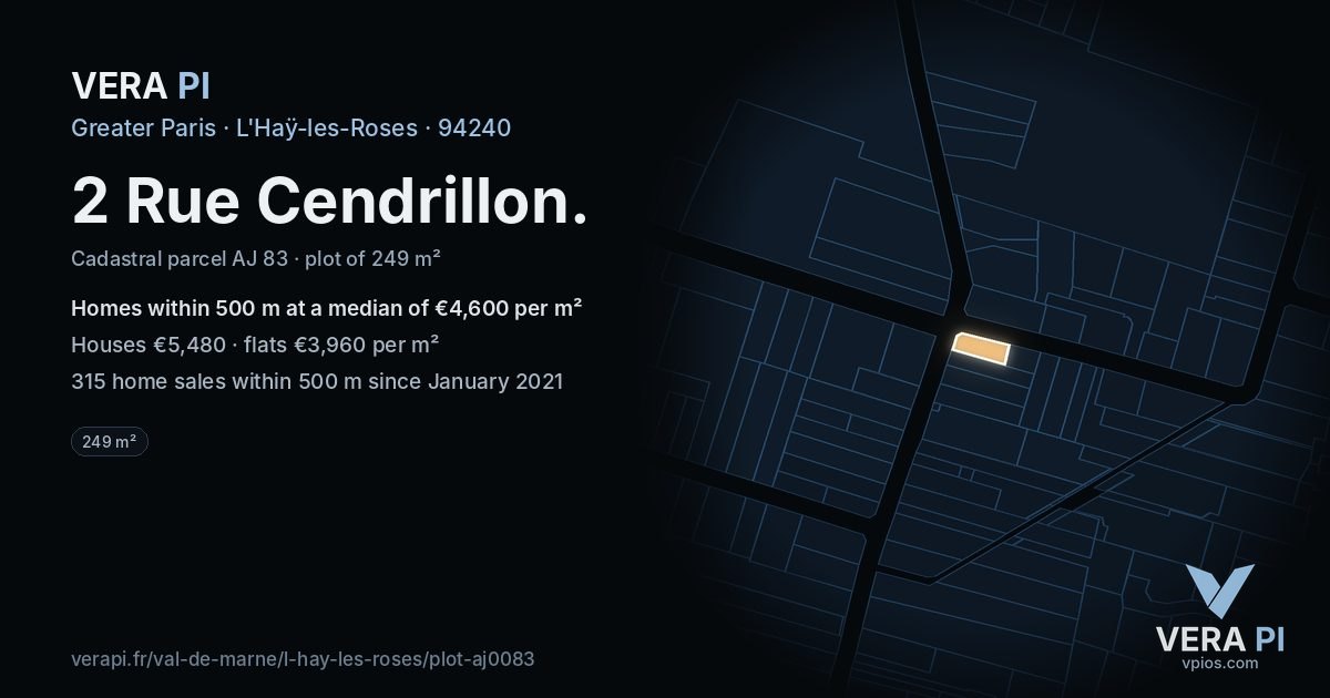 2 Rue Cendrillon, L'Haÿ-les-Roses at night – the plot lit, the parcels around coloured by the prices near them