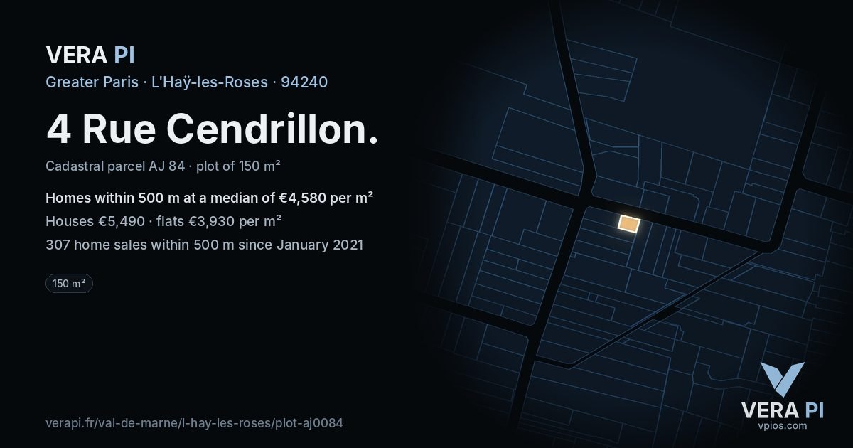4 Rue Cendrillon, L'Haÿ-les-Roses at night – the plot lit, the parcels around coloured by the prices near them