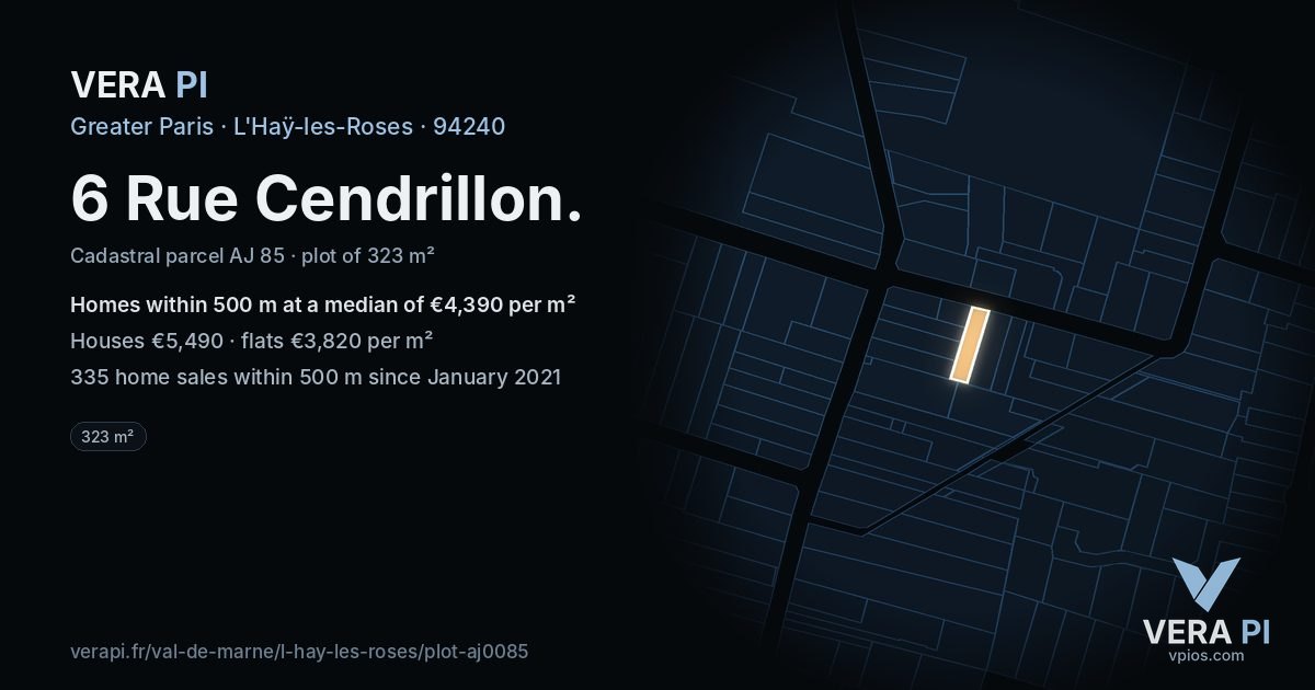 6 Rue Cendrillon, L'Haÿ-les-Roses at night – the plot lit, the parcels around coloured by the prices near them