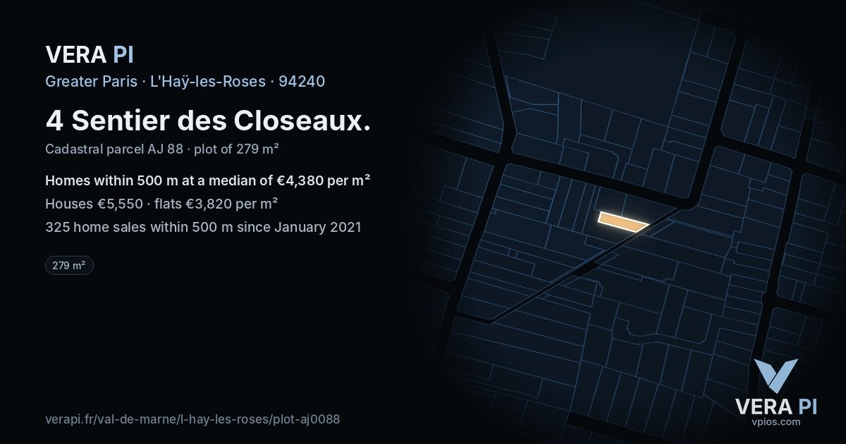 4 Sentier des Closeaux, L'Haÿ-les-Roses at night – the plot lit, the parcels around coloured by the prices near them