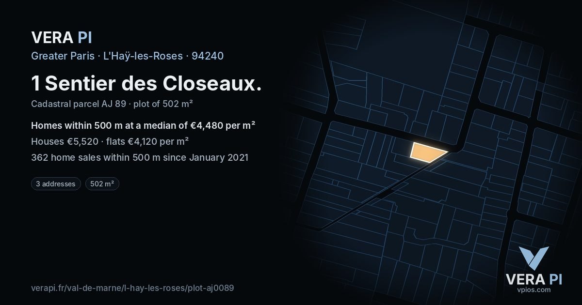 1 Sentier des Closeaux, L'Haÿ-les-Roses at night – the plot lit, the parcels around coloured by the prices near them