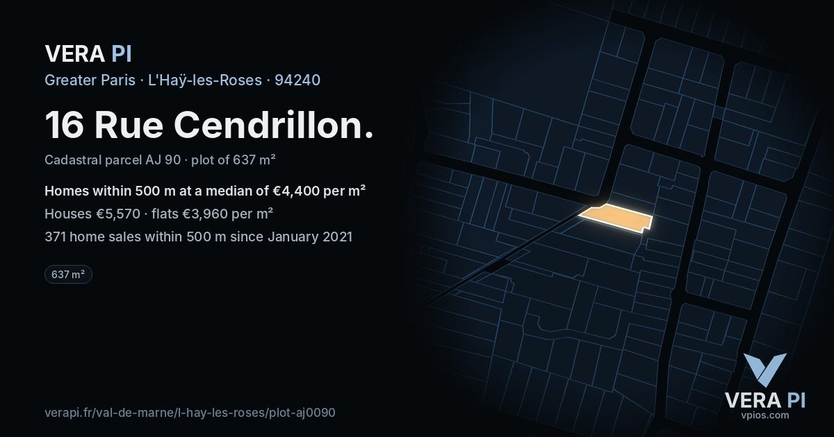 16 Rue Cendrillon, L'Haÿ-les-Roses at night – the plot lit, the parcels around coloured by the prices near them