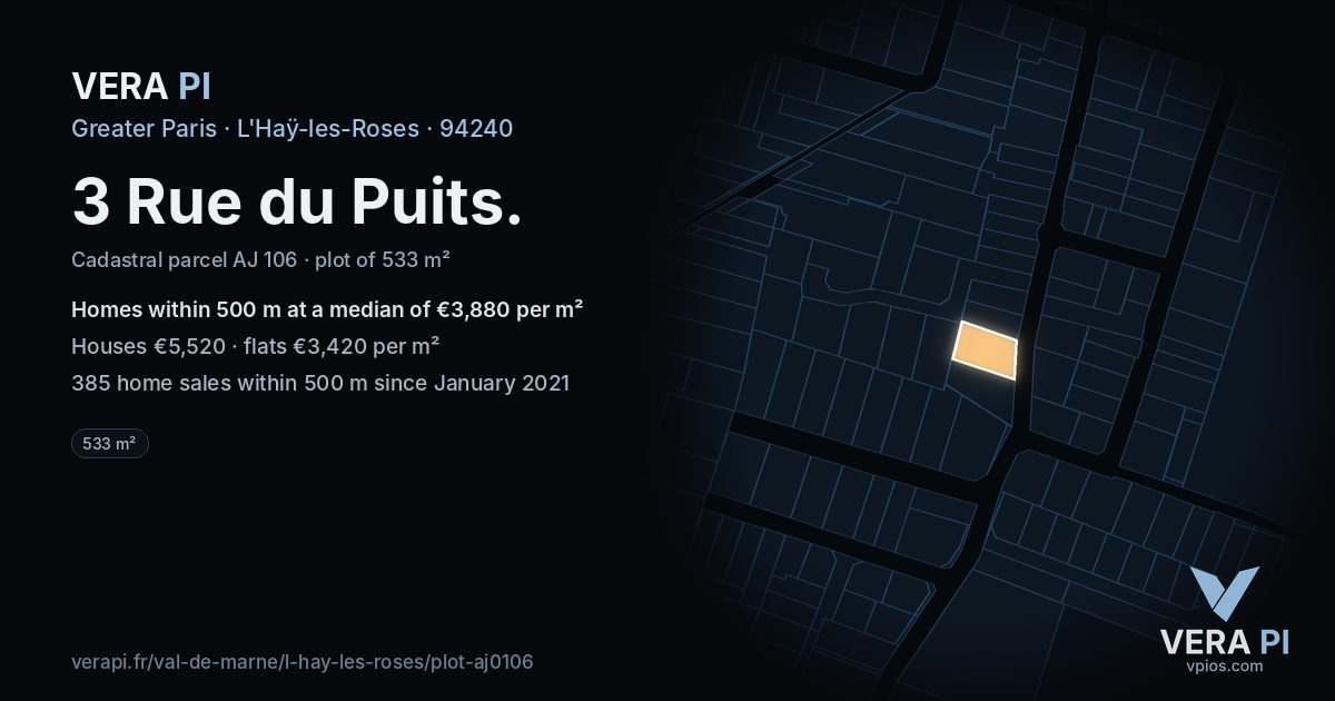 3 Rue du Puits, L'Haÿ-les-Roses at night – the plot lit, the parcels around coloured by the prices near them