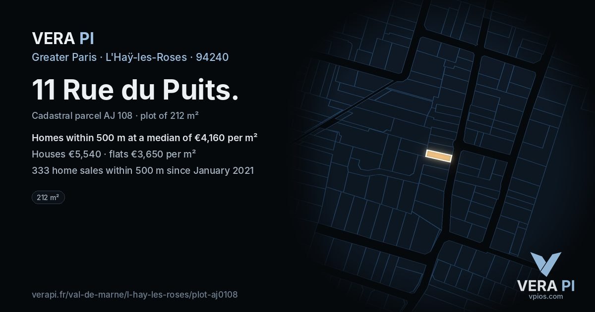 11 Rue du Puits, L'Haÿ-les-Roses at night – the plot lit, the parcels around coloured by the prices near them