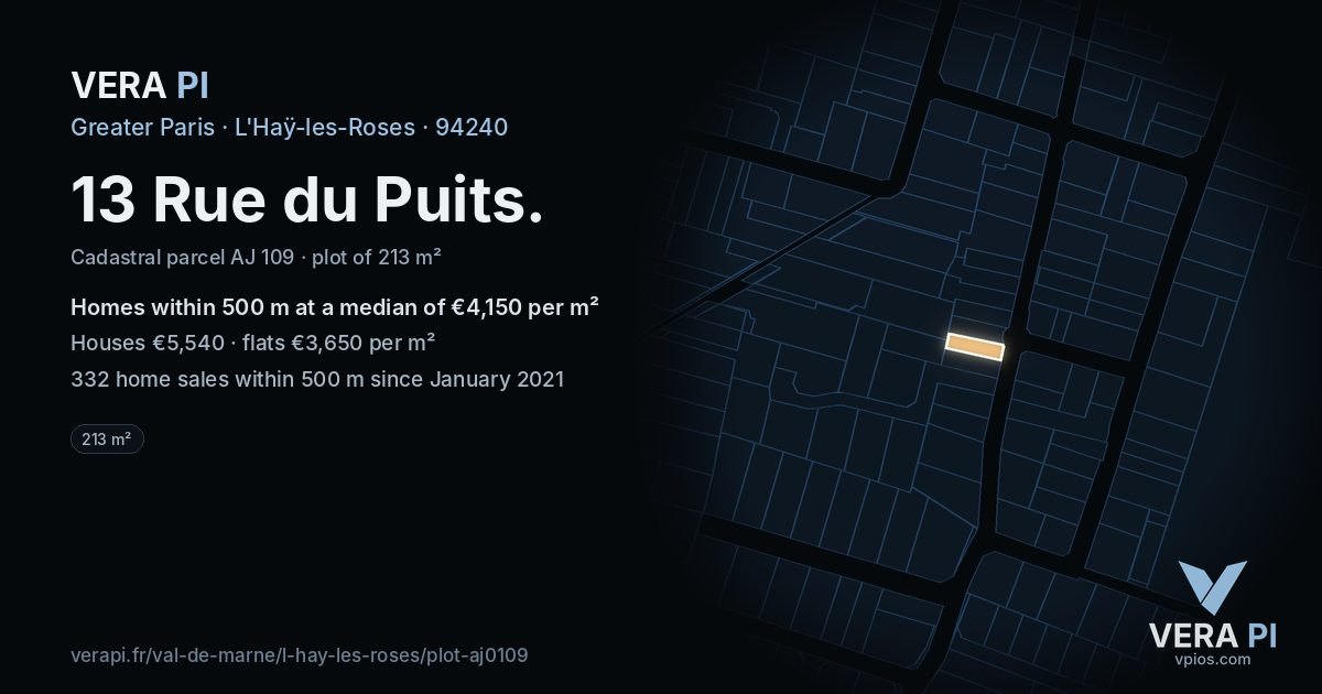13 Rue du Puits, L'Haÿ-les-Roses at night – the plot lit, the parcels around coloured by the prices near them