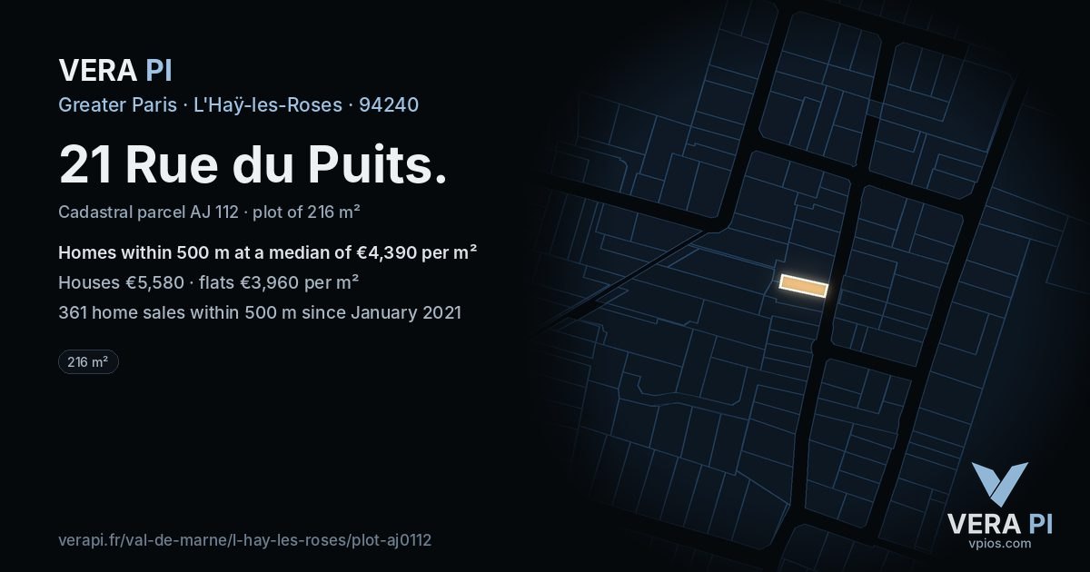 21 Rue du Puits, L'Haÿ-les-Roses at night – the plot lit, the parcels around coloured by the prices near them