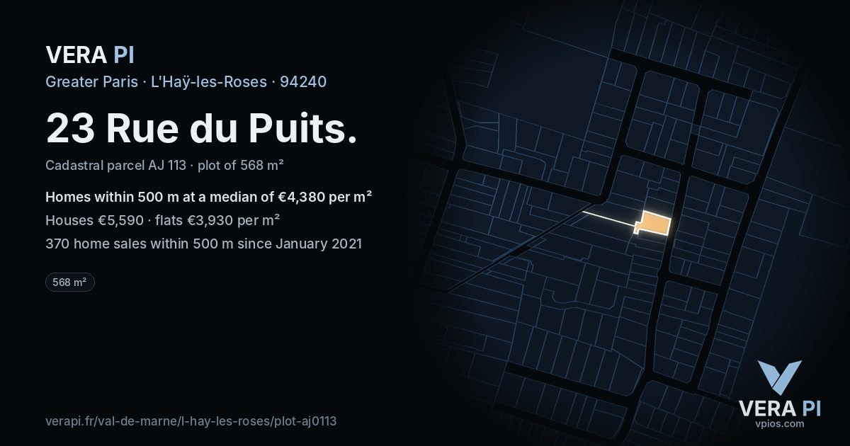 23 Rue du Puits, L'Haÿ-les-Roses at night – the plot lit, the parcels around coloured by the prices near them
