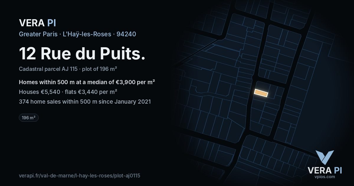 12 Rue du Puits, L'Haÿ-les-Roses at night – the plot lit, the parcels around coloured by the prices near them